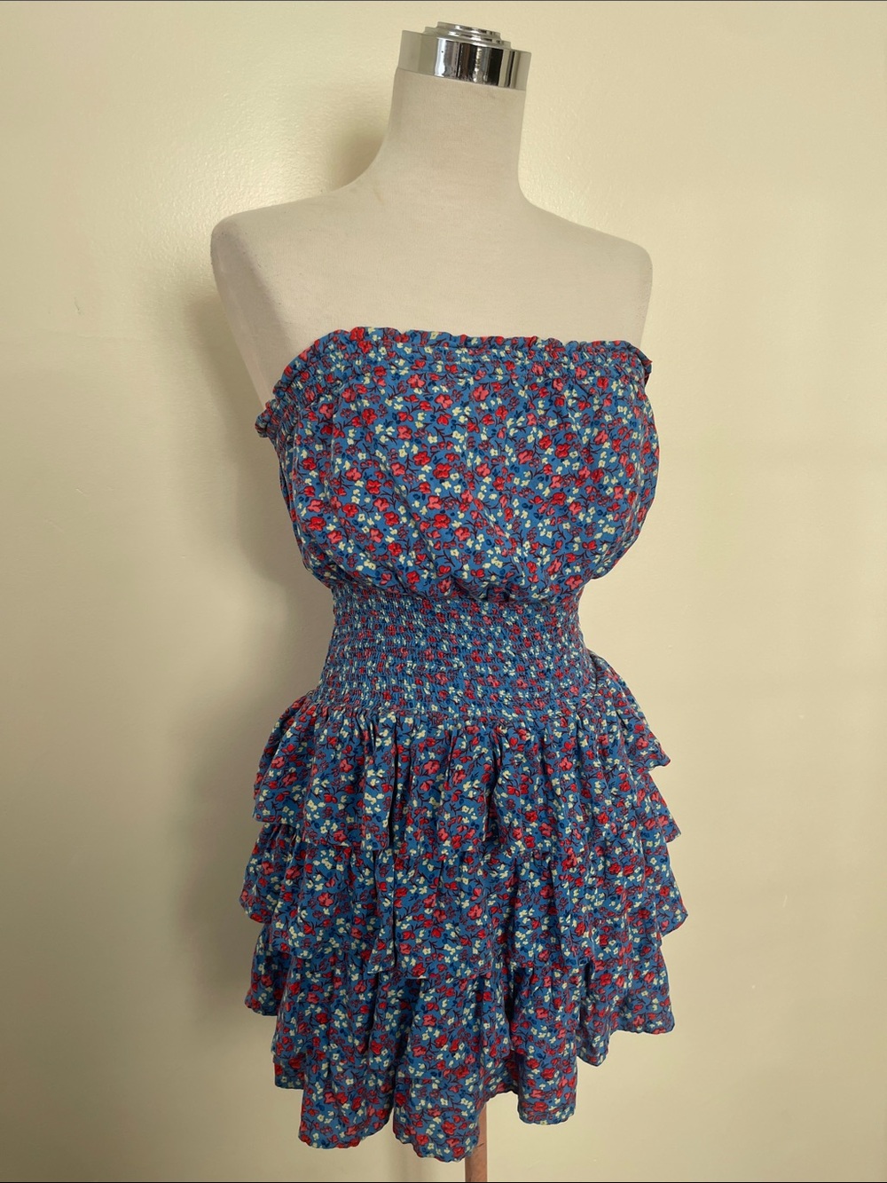 Patrons of Peace Blue Floral Smocked Strapless Tiered Dress - Picture 2 of 5
